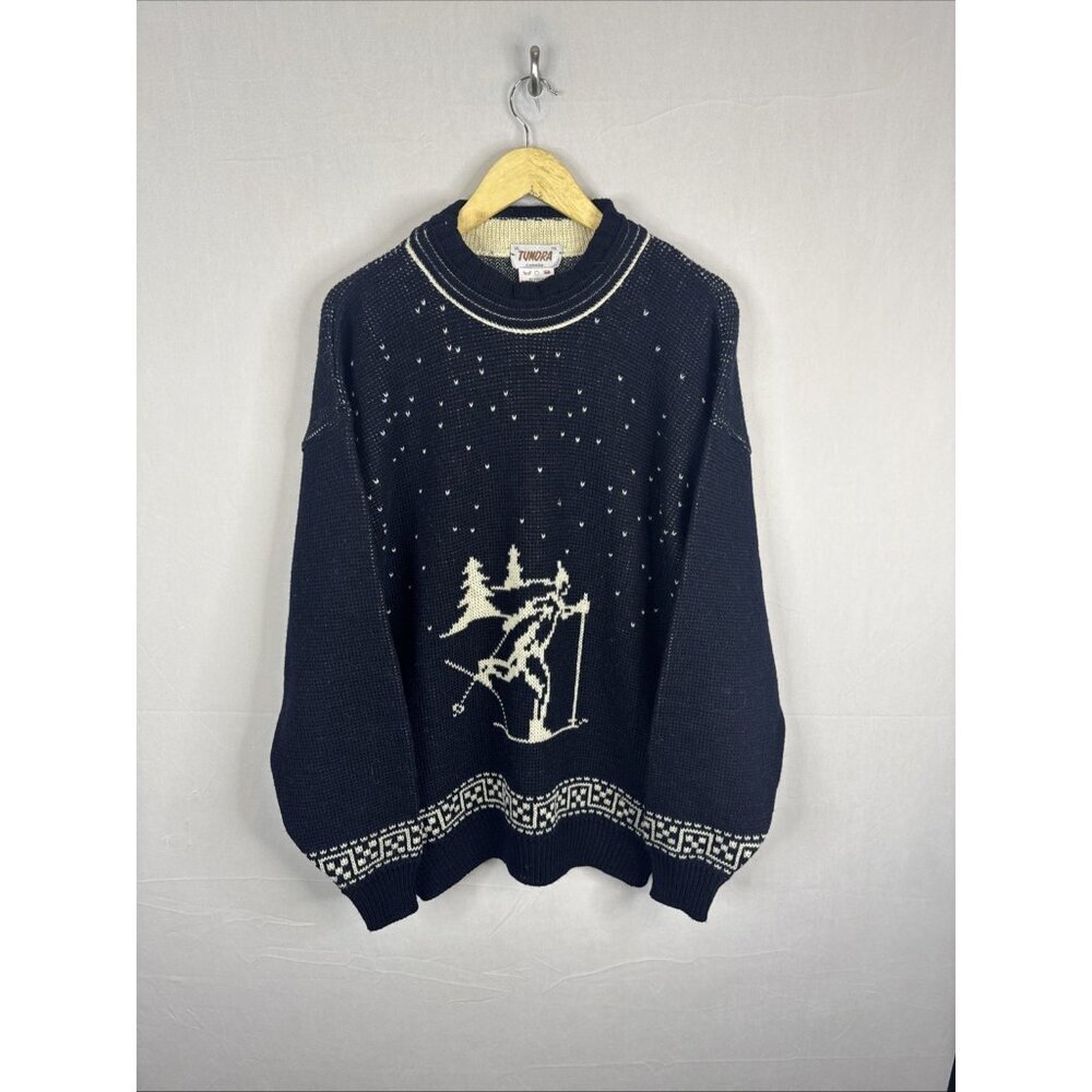 Vintage Tundra Canada 100% Virgin Wool Nordic Skier Sweater XL Black Winter Knit